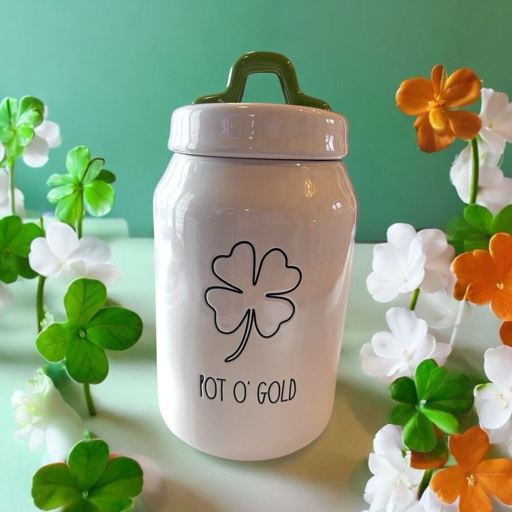 Rae Dunn POT O’ GOLD Canister With Shamrock And Green Handle